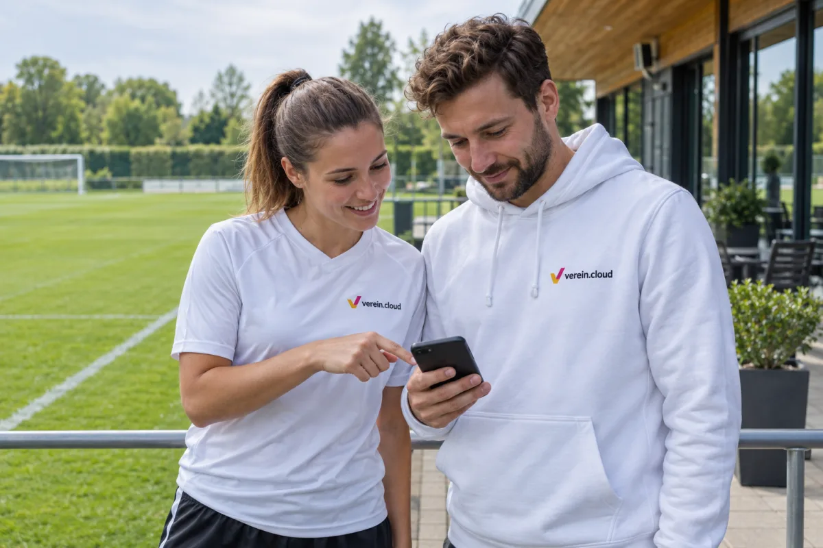 Zwei Vereinsmitglieder sehen sich gemeinsam etwas auf dem Smartphone an.